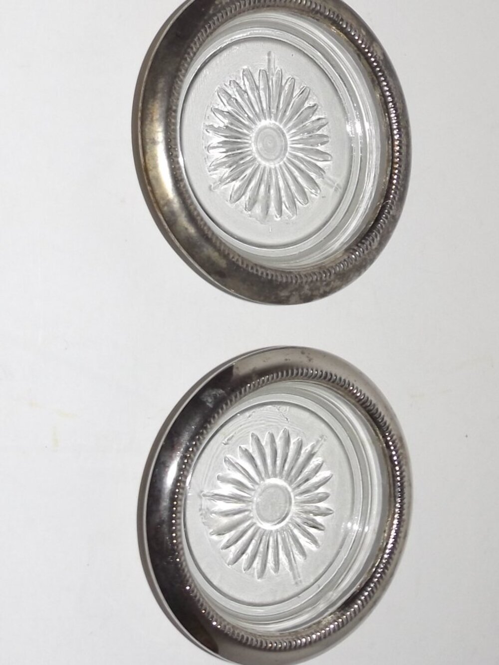 Set of 2 Vintage Starburst Glass Coasters Silverplate Rims